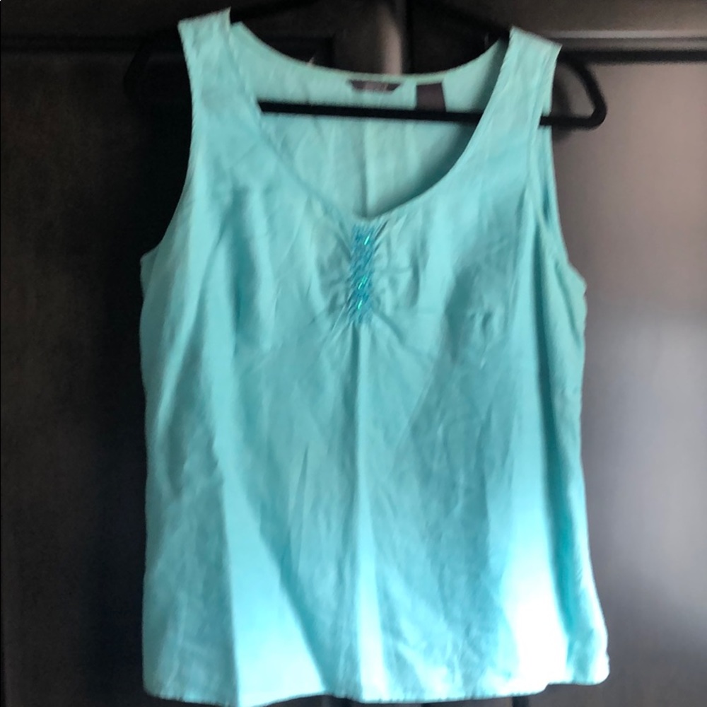 Linen breathable tank top with sequin neckline detail in aqua blue